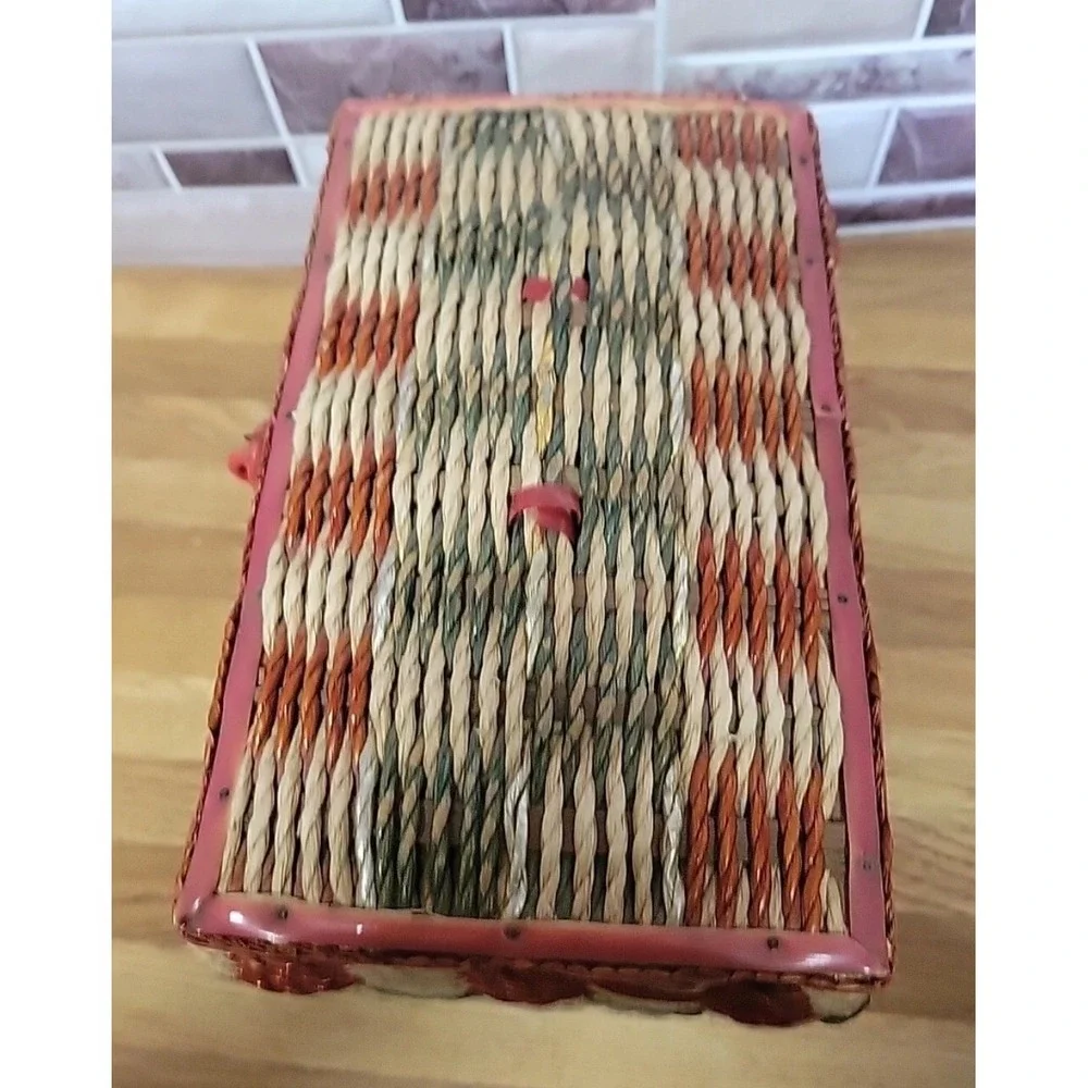 Vintage Wicker Sewing Basket Music Box Red Green Woven Storage Box Pincushion